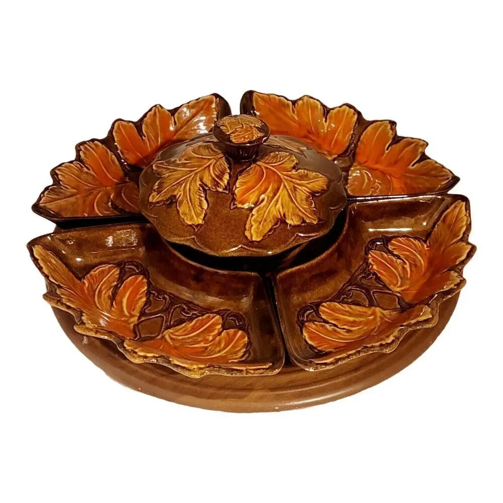7 Pc Vintage Lazy Susan Fall Themed Red‎ Yellow Leaves Pottery Serving Set USA